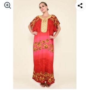 Red rose kaftan with embroidered neckline osfm